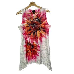Style & Co White & Red Floral Burnout Handkerchief Hem Tank Top S